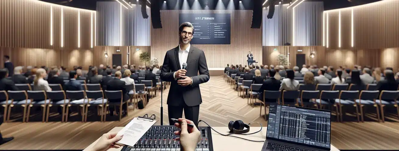 A professional host speaking on stage at a norwegian business conference