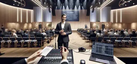 A professional host speaking on stage at a norwegian business conference