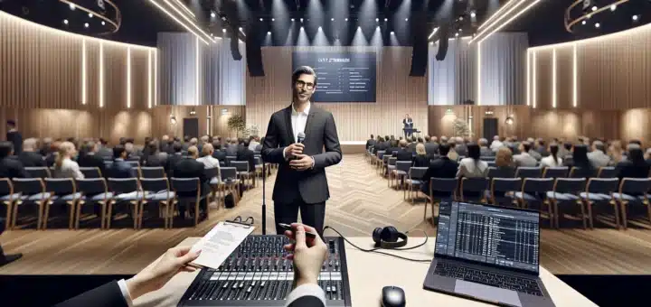 A professional host speaking on stage at a norwegian business conference