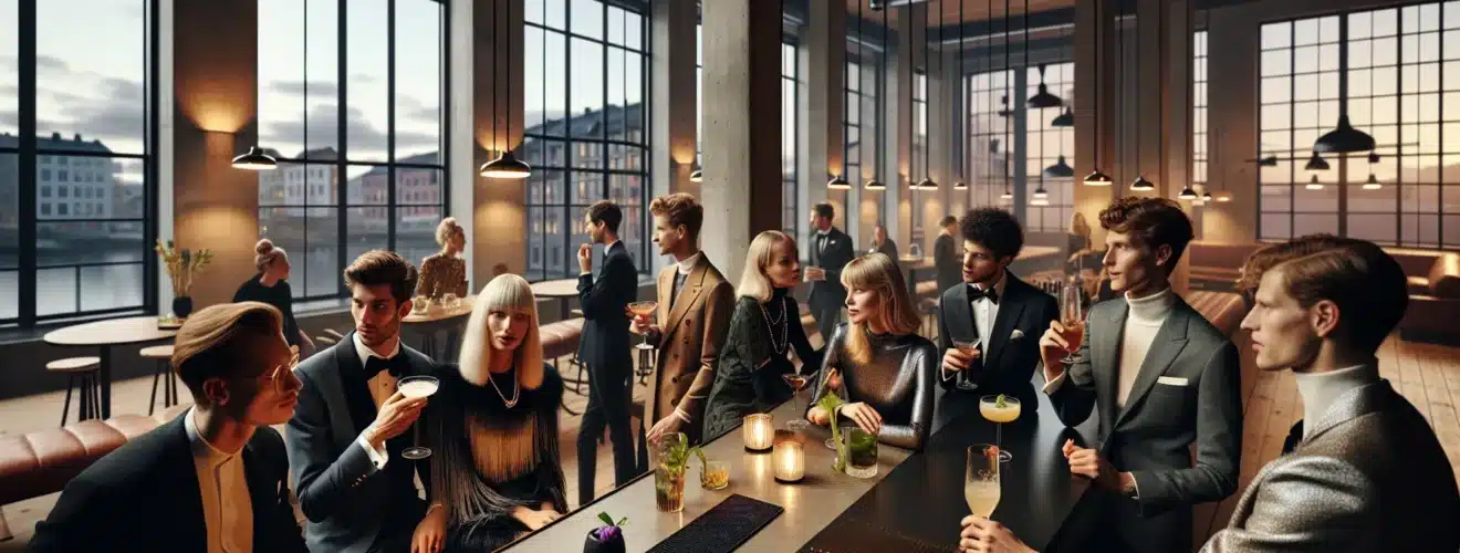 Colleagues at a norwegian corporate theme party mixing retro and futuristic decor
