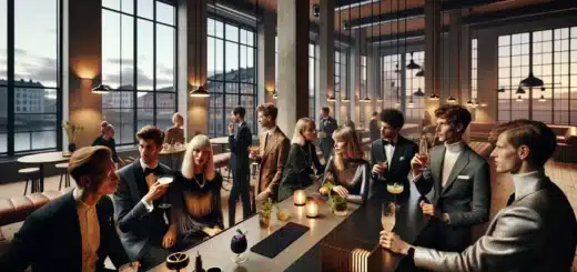 Colleagues at a norwegian corporate theme party mixing retro and futuristic decor