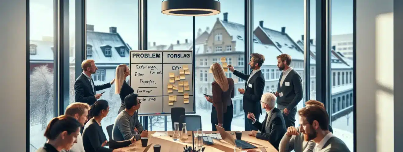 Colleagues in a norwegian kickoff workshop using sticky notes and live voting