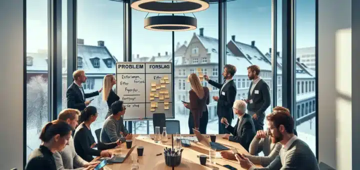 Colleagues in a norwegian kickoff workshop using sticky notes and live voting