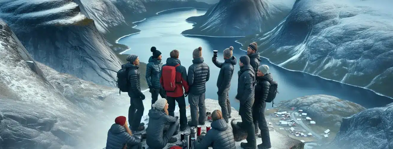 Corporate team on a norwegian mountain plateau watching aurora above a fjord