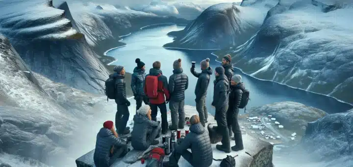 Corporate team on a norwegian mountain plateau watching aurora above a fjord