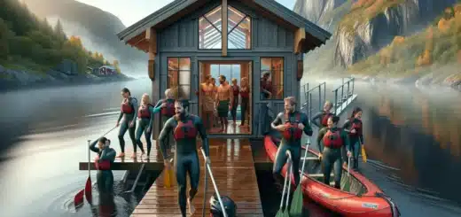 Coworkers by a norwegian fjord heading from rafting to a glowing sauna