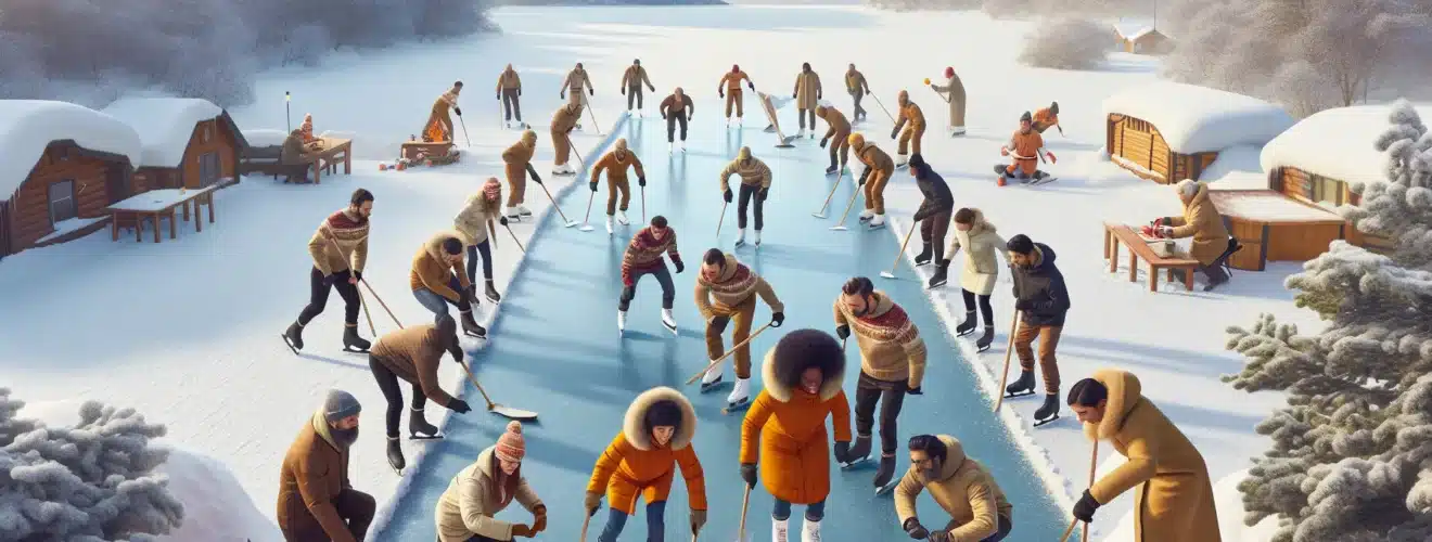 Coworkers in norway doing winter teambuilding with skating and snow sculpture building