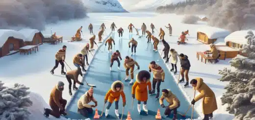 Coworkers in norway doing winter teambuilding with skating and snow sculpture building
