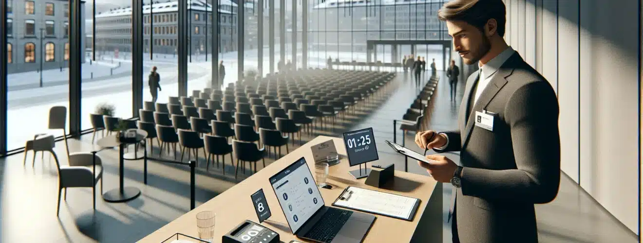 Event planner checks a venue checklist in a modern norwegian conference room