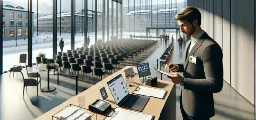 Event planner checks a venue checklist in a modern norwegian conference room