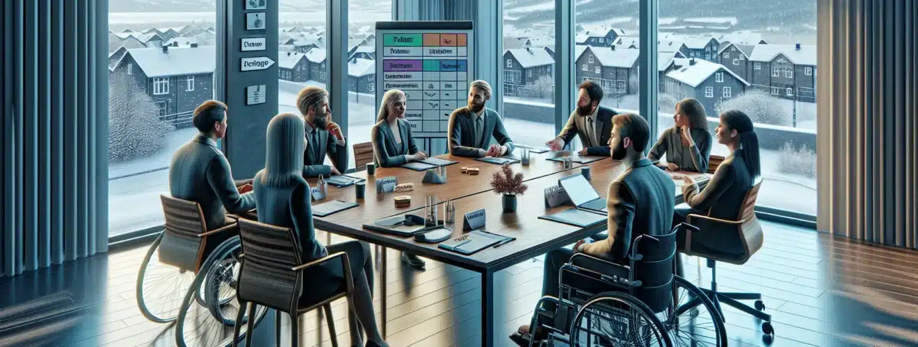 Inclusive norwegian teambuilding workshop with role cards accessible seating and remote coworkers