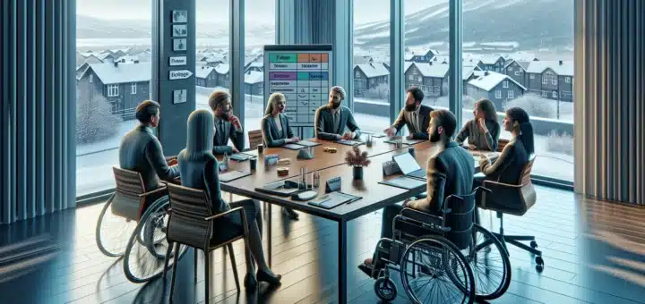 Inclusive norwegian teambuilding workshop with role cards accessible seating and remote coworkers