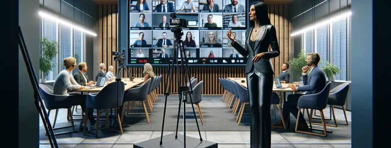 Norwegian hybrid kickoff with presenter cameras and remote participants on large screens