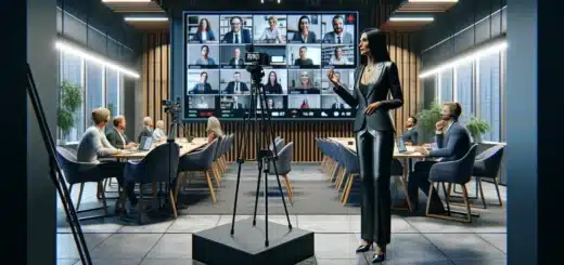 Norwegian hybrid kickoff with presenter cameras and remote participants on large screens