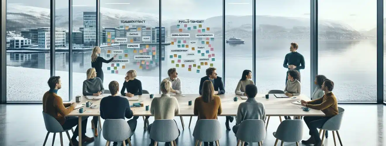 Norwegian team planning a kickoff workshop with sticky notes and a whiteboard