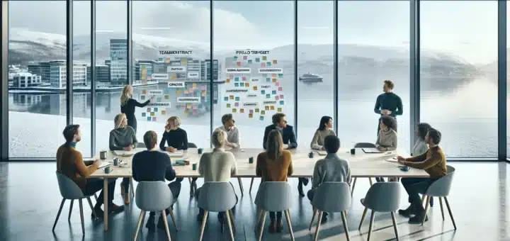 Norwegian team planning a kickoff workshop with sticky notes and a whiteboard