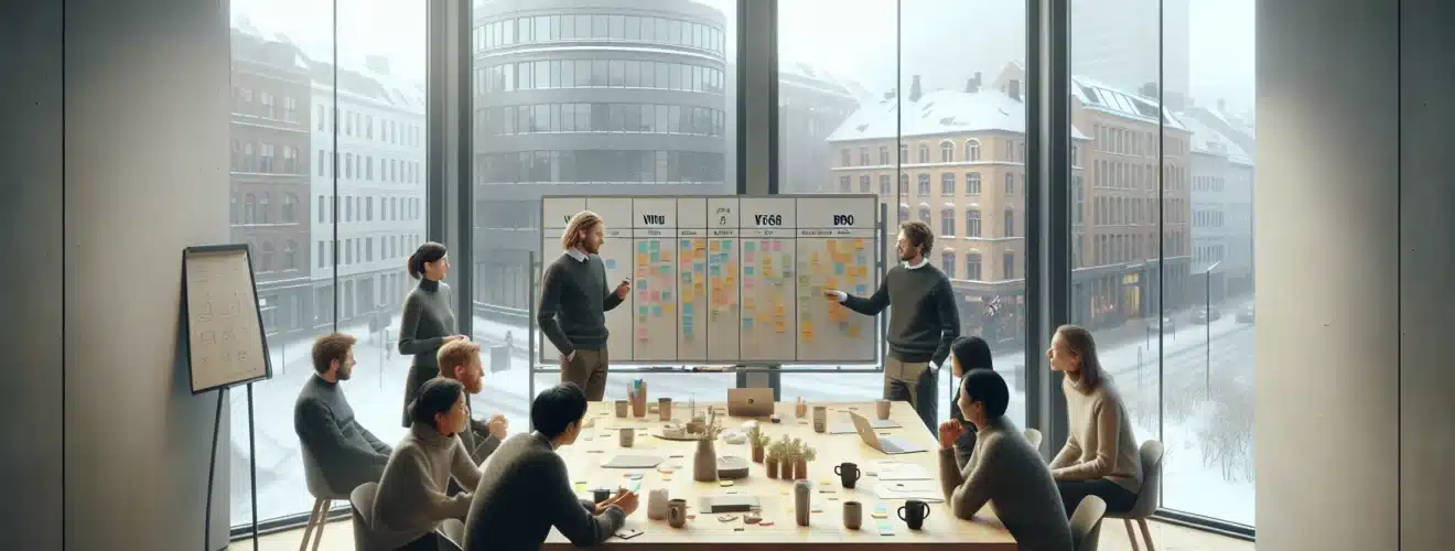 Small norwegian team planning a tailored kickoff using a vindu vegg bro board