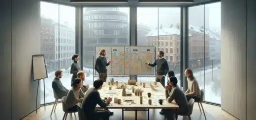 Small norwegian team planning a tailored kickoff using a vindu vegg bro board