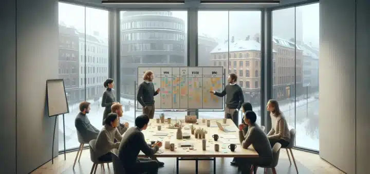 Small norwegian team planning a tailored kickoff using a vindu vegg bro board